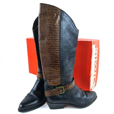 Vintage Bandolino Leather Riding Boots 1980s Low Heel Black/Brown Italy Size 7 - Image 1 of 4
