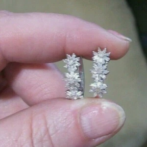 RHODIUM/STERLING SILVER .50ctw DIAMOND FLOWER DESIGNED HOOP PIERCED EARRINGS-NIB - Picture 1 of 10