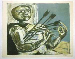 Federico Castellon Farblithographie ohne Titel signiert Mann von Pfeilen getroffen - Bild 1 von 4