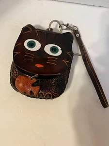 HAND MADE EMBOSSED GENUINE LEATHER CAT COIN PURSE/WRISTLET/POUCH/WALLET  - Picture 1 of 4