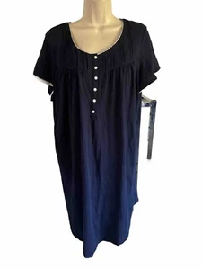 Aria Sleepwear Nightgown Navy Blue White Lace Trim Cotton Knit Short Sleeves L - Picture 1 of 12