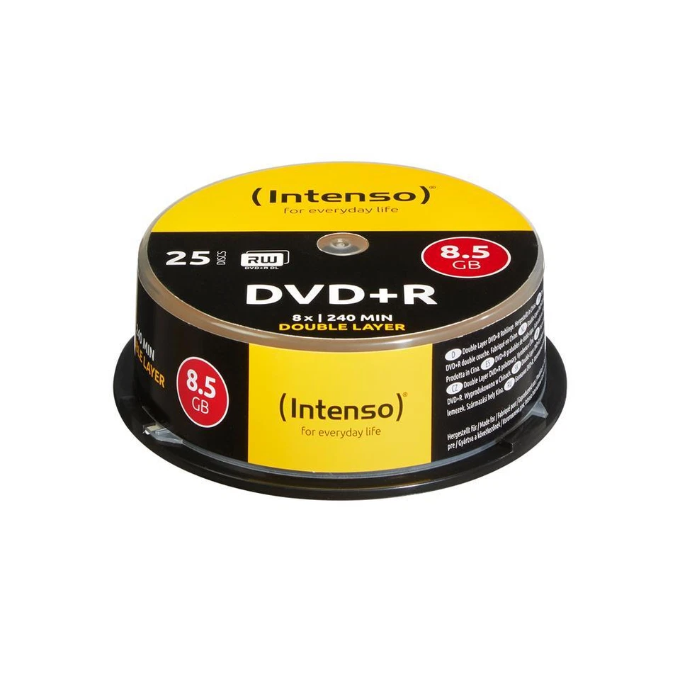 Intenso DVD+R DL 8,5GB/240 min. 8x Speed Cakebox/Spindel mit 25 Discs Rohlinge - Bild 1 von 1