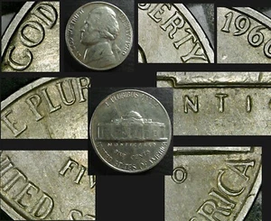 1960 Nickel with Doubling of Letters and Detail on Rev & Letters and Date on Obv - Picture 1 of 1