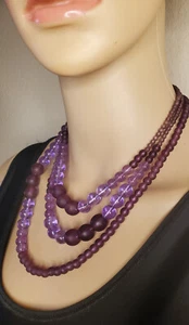 Electrifying Robert Rose Frosted Purple Glass Bead 3 Strand Necklace - Picture 1 of 4