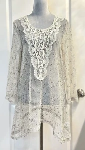 KRAZY KAT boho Open Knit Tunic Top Embroidered Hem Boho Beachy Cover Up - Picture 1 of 8