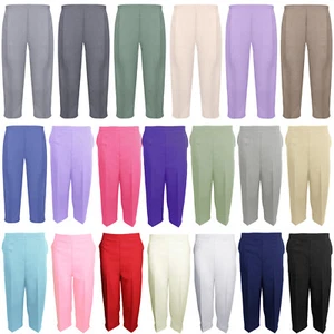 LADIES 3/4 TROUSERS WOMENS HALF ELASTICATED WAIST THREE QUARTER CROPPED CAPRI - Picture 1 of 38