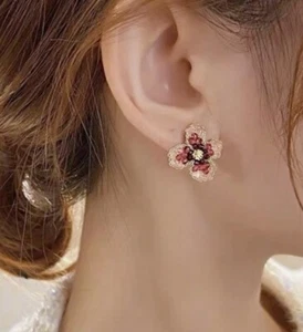 Anthropologie Flower Earrings Stud Gold Blue CZ Crystal Red Petal Boho VTG - Picture 1 of 8