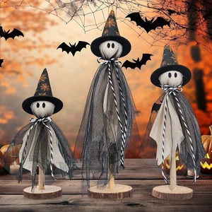 Set of 3 Halloween Ghost Shelf Sitters Wooden Decor w/ Witch Hats Tier Tray - Picture 1 of 12