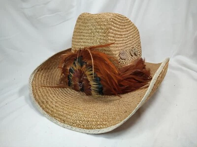!RARE! RANCH brand Western Wear Straw Cowboy Hat with feathers Size 7 1/8 - Image 1 of 4
