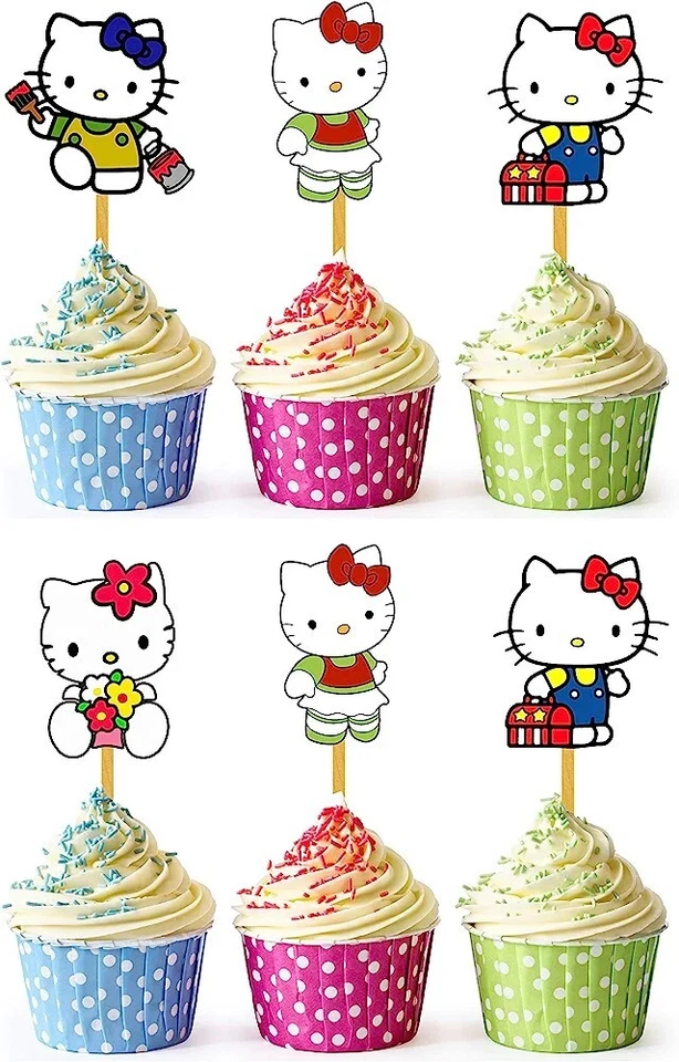 24x Decoración Hello Kitty Cupcake Toppers Selecciones Fuertes Suministros de Fiesta Decoración de Cumpleaños Foto 1 de 1