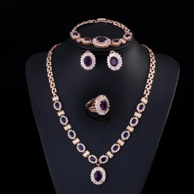 Gold Royal Blue Cubic Zircon 4pcs Women Necklace Bracelets Ring Prom Jewelry Set - Image 1 of 4