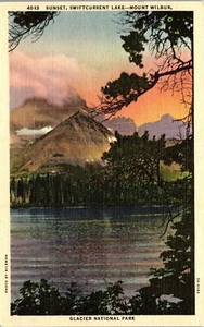 Vintage Postcard Sunset Swiftcurrent Lake Mount Wilbur Montana MT Glacier - Picture 1 of 3