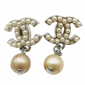 CHANEL Coco Mark Pearl Earrings Silver Plated - Picture 1 of 9