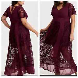 Torrid Insider Collection Burgundy Lace Overlay v-Neck Maxi Dress Plus Size 14