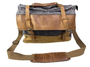 NEWHEY Men's Leather Canvas Laptop Messenger Bag - Brown Blue 3j - Picture 1 of 16