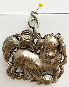 Large Vintage Antique Chinese Silver Double-sided Lion Pendant - Picture 1 of 14