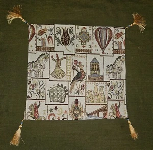 Vintage Turkish Fabric Zip Pillow Cover w/ Evil Eye Tassel Corners - Picture 1 of 5