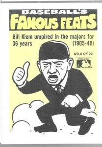 1986 Fleer Stickers Famous Feats Insert Bill Klem 8 Of 22 Detroit Pennant