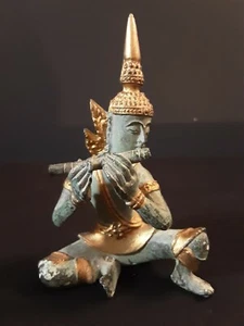 Brass Buddhist Playing Flute Verdigris and Gold Finish - Picture 1 of 10