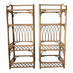 Vintage 1970s Rattan Wicker Bamboo Etegere Shelf Unit w Glass Shelves - Set of 2 - Picture 1 of 8