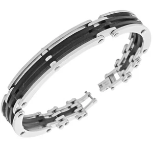 Stainless Steel Black Silver Two-Tone Rubber Mens Link Bracelet - Picture 1 of 3