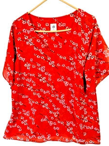 Cabi #5712 size XL Chiffon Split Flutter Sleeve Top Blouse V Neck Floral Orange - Picture 1 of 15