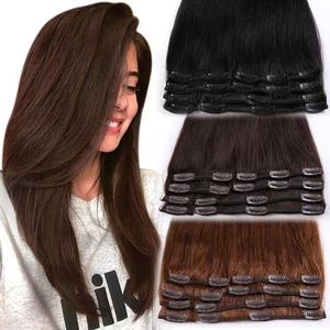 Extensiones de cabello humano Remy con clip 100 % cabello Remy real cabeza completa 8 piezas marrón largo - Imagen 1 de 55