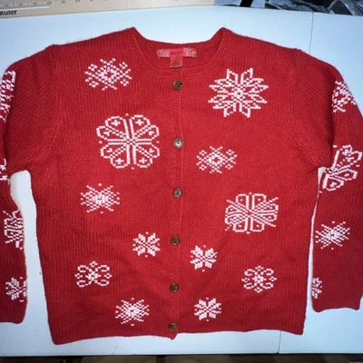 suéter skyr feminino XL 100% lã botão para cima vermelho, design floco de neve manga longa - Imagem 1 de 4