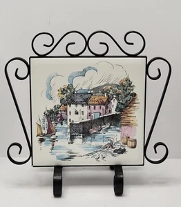 Vintage Metal Painted Tile Napkin Holder Ocean Nautical Sail boats Fisherman Net - Picture 1 of 12