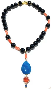 Collana choker onice liscio pendente agata goccia blu corallo bamboo arancio - Foto 1 di 5