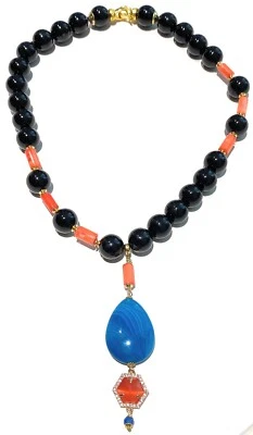 Collana Choker Onice liscio Pendente Agata Goccia Blu Corallo bamboo Arancio - Immagine 1 di 4