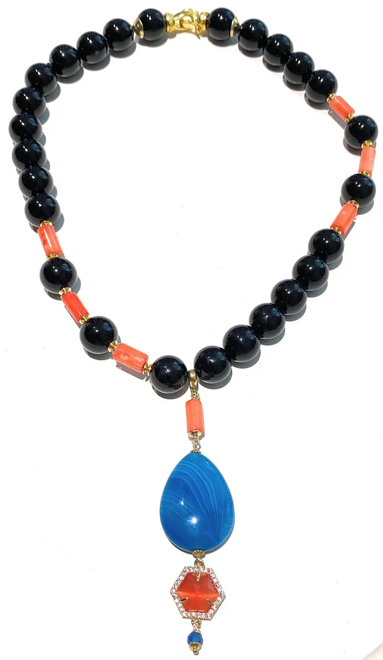 Collana Choker Onice liscio Pendente Agata Goccia Blu Corallo bamboo Arancio - Immagine 1 di 4