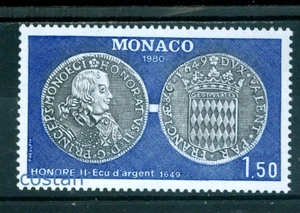 1980 Prince HONORE II,1 ECU(Scudo)Silver coin,crown,coat of arms,Monaco,1427,MNH - Picture 1 of 1