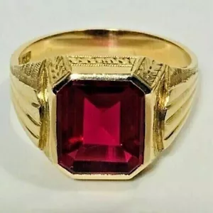 Vintage 4Ct Lab-Created Red Ruby Men's Wedding Ring 14K Yellow Gold Plated - Picture 1 of 8