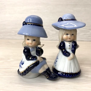 2 Vintage - 4 3/4" Porcelain Girl Figurines Blue Hats, Hand-painted, Gold Trim - Picture 1 of 11