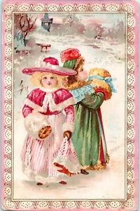 Abiti a righe fantasia cappelli e manicotti giorno di neve album vittoriano trade card C10 - Foto 1 di 2