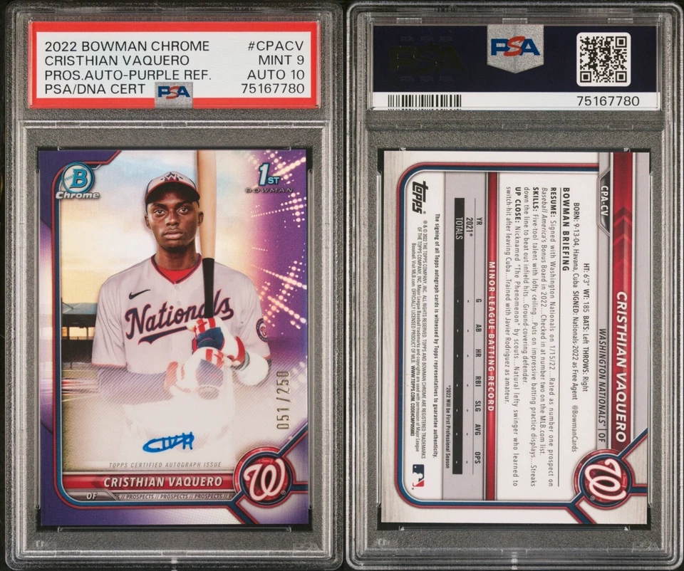 CRISTHIAN VAQUERO 2022 Bowman Chrome Purple Refractor Autograph 051/250 PSA 9 - Image 1 of 1