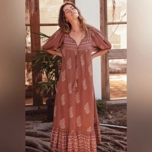 Daughters Of India - Mishka Maxi Dress Block print Hazelnut Brown Boho Hippie M - Picture 1 of 14