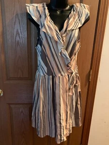 BEBOP BE YOU BE FREE WRAP DRESS LINEN & RAYON BRN PINK WHITE STRIPED BOHO - Picture 1 of 7