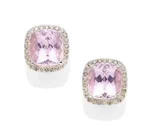 Assil 18k Oro Bianco Kunzite E Colorato 5.25 KT Diamante Orecchini Omega Retro - Foto 1 di 1