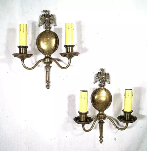 LARGE PAIR OF MID CENTURY DOUBLE ARM EAGLE PERCHED ON GLOBE BRASS SCONCES Cover