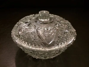  Vintage Clear Pressed Glass Hearts and Roses KIG Malaysia Covered Candy Dish  - Picture 1 of 7