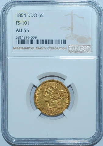 1854 NGC AU55 FS-101 Earring DDO Doubled Die Obverse $5 Liberty Head Half Eagle Cover