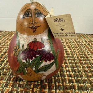 Ornamento zucca dipinto a mano arte popolare Karen Lee Spencer dal 1987 al 2003 5x4 pollici - Foto 1 di 9