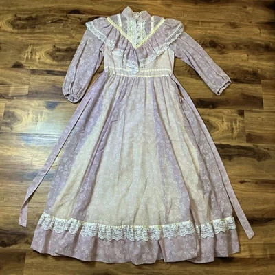 Vestido Vintage Gunne Sax Jessica McClintock Prairie Tamanho 9 Jr Roxo Calico Maxi - Imagem 1 de 4