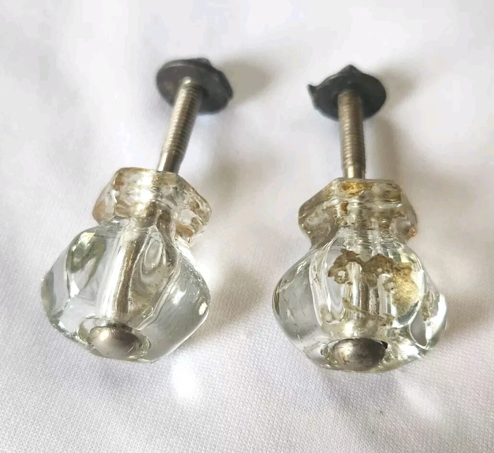 Vintage Clear Hexagon Gem Cut Glass Drawer Cabinet Knob Set Of 2 - Image 1 of 4