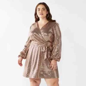 CARA SANTANA X NINE WEST SEQUIN FAUX WRAP DRESS PLUS SZ 2X BRONZE ROSE GOLD NWT - Picture 1 of 16