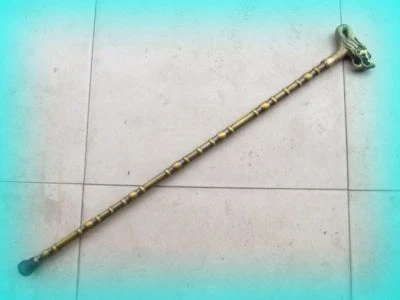 Vintage Sort Cane Crutch Walking Stick Bamboo Joint Trekking Brass Dragon Handle - Image 1 of 4