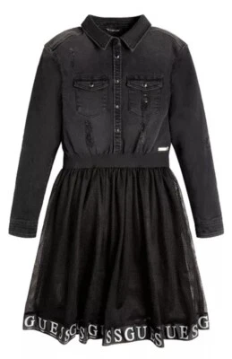 Guess Big Girl Stretch Black Denim Snap Front Dress Mesh Skirt Distressed Sz 16 - Image 1 of 4