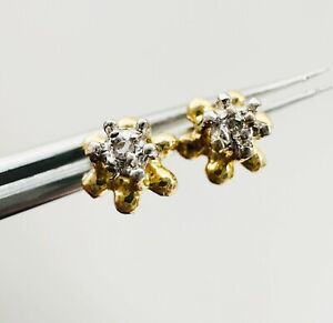 Estate 10K Yellow & White Gold Mini Flower Cluster Stud Earrings w/Tiny Diamonds